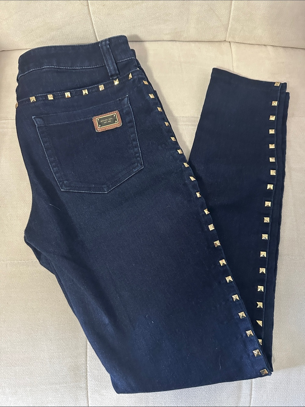 Michael Kors Dark Blue Skinny Jeans with Gold Stud Accent